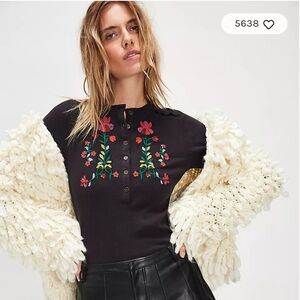 Free People Black Floral Embroidered Top